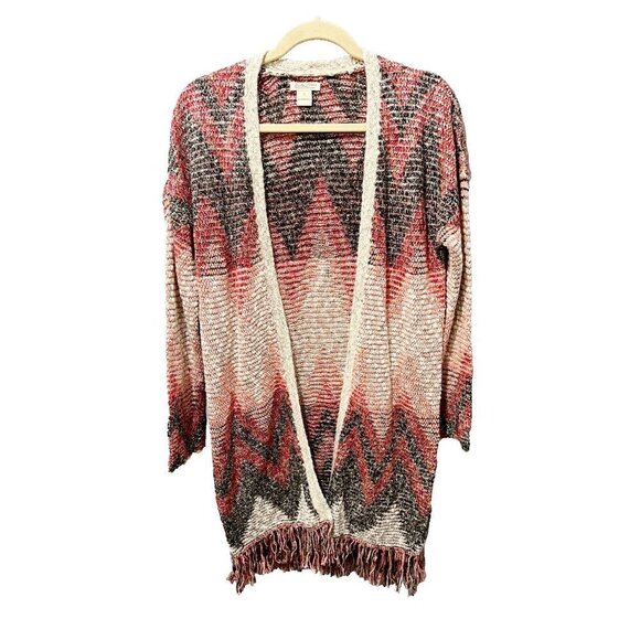 Lucky Brand Womens Brown Open Tribal Cardigan Sweater Small Fringe Long Sleeve - Picture 1 of 13